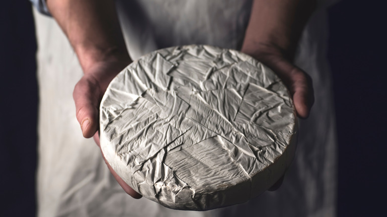 Chef holding brie cheese wheel