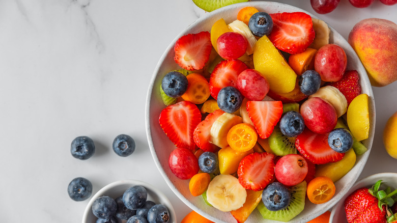 Fruit salad on a marble background