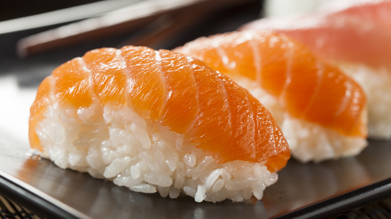 Close up of salmon nigiri sushi