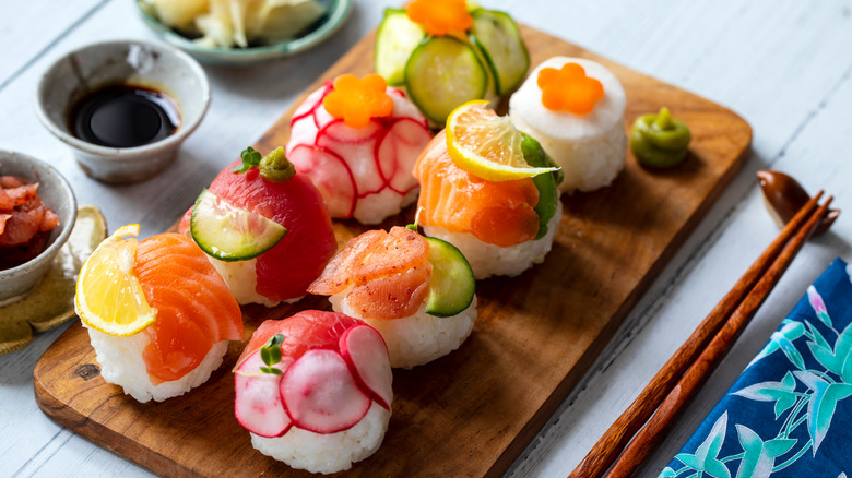 Temarizushi balls with various fish and vegetable toppings