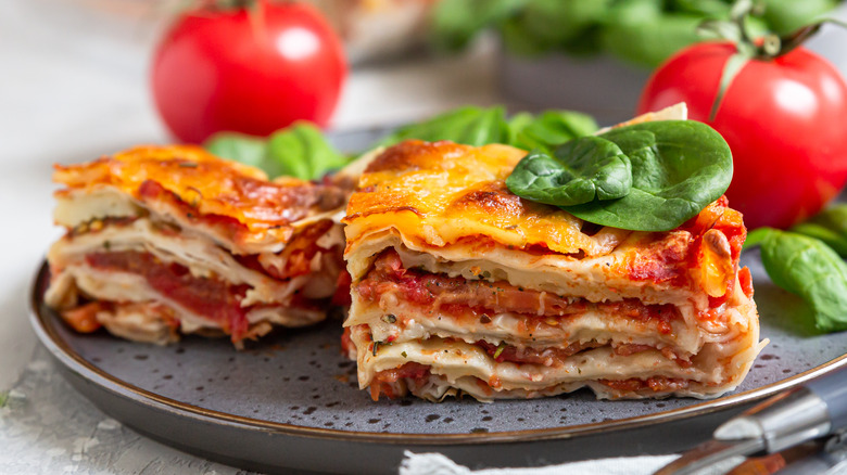 Vegan lasagna in white bowl 