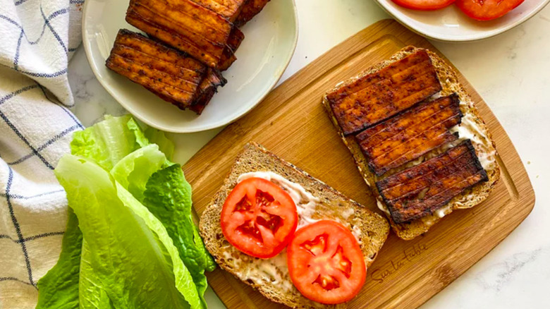 Tofu bacon on counter