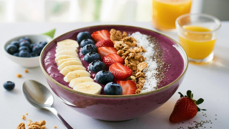 Acai smoothie bowl with bananas, blueberries, strawberries, granola on white table