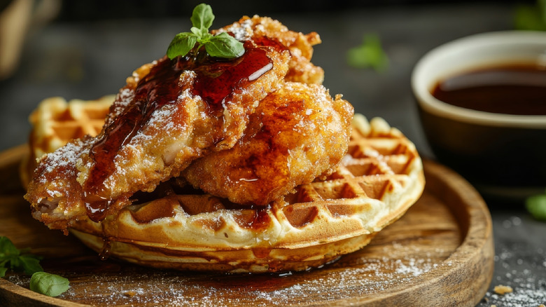 Fried chicken and waffles with maple syrup drizzle on wooden serving platter