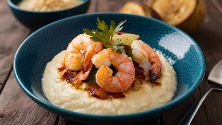 Blue bowl of shrimp and grits on wooden counter