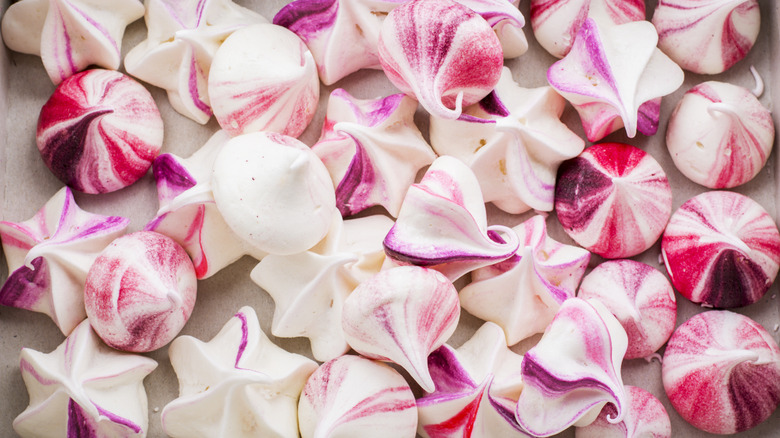 homemade meringue drops with pink and red stripes