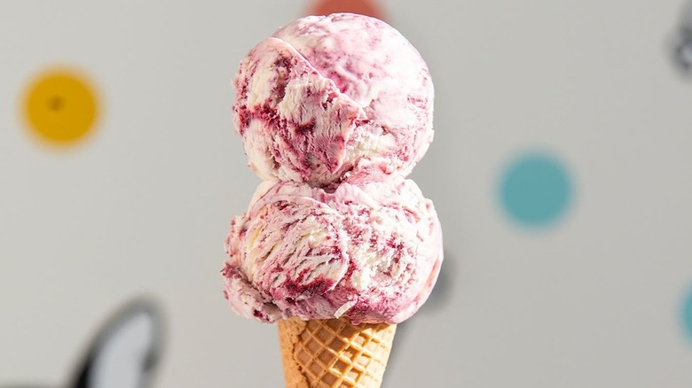 blackberry ice cream on waffle cone