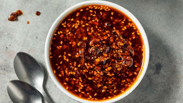 chili crisp in white bowl