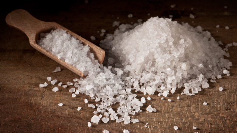 salt crystals in wooden scoop