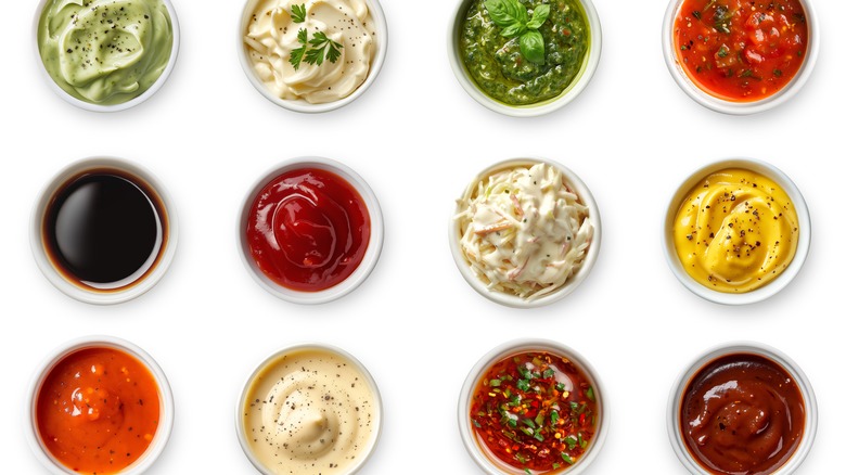 Cups of condiments on white background