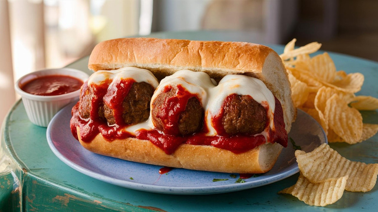 Saucy meatball sub with chips on blue plate