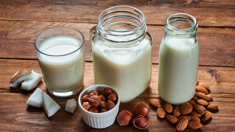 Variety of non dairy milks in glass jars surrounded by nuts