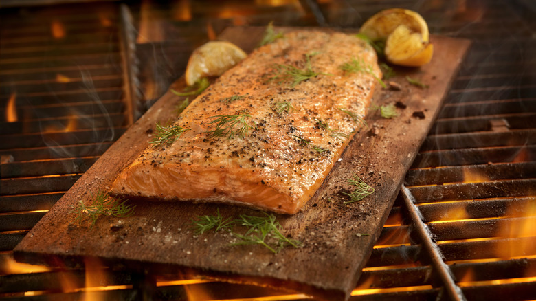 Seasoned salmon on cedar plank