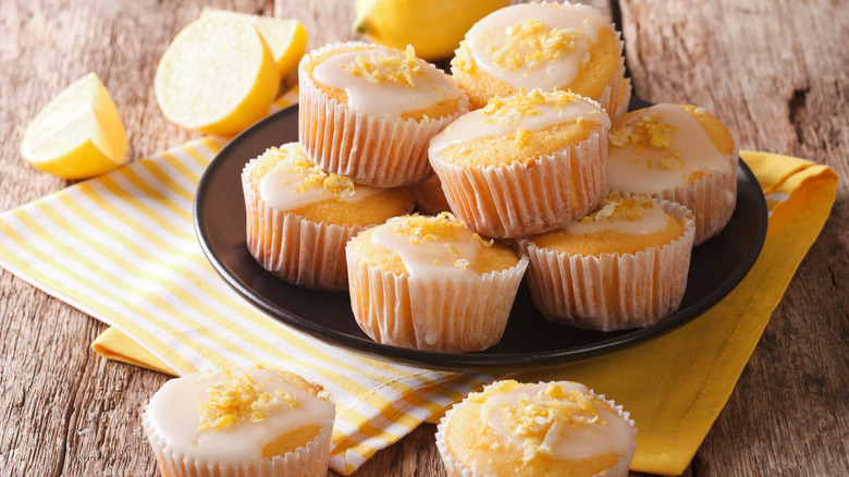 stacked glazed lemon muffins