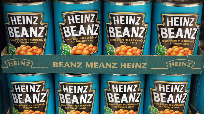 British Heinz baked beans on store shelf