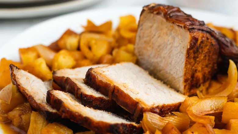 pork loin on wood tray