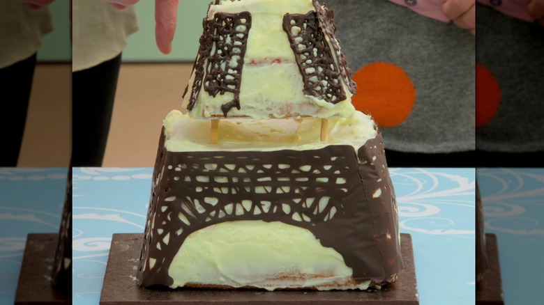 Terry's champagne and strawberries Eiffel Tower collar cake without the top of the structure as presented to the judges