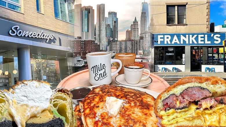 Composite image featuring NYC restaurants, skyline, and breakfast foods