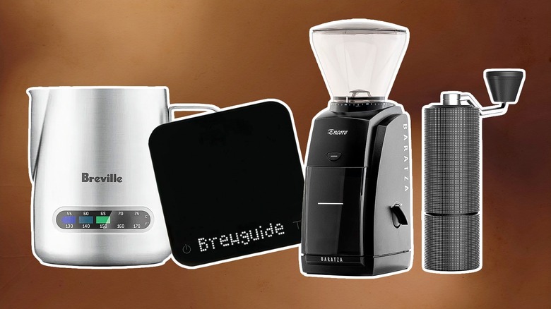 Breville milk pitcher, Acacia Pearl ccoffee scale, Baratza Encore grinder, and Normcore coffee grinder all against brown background