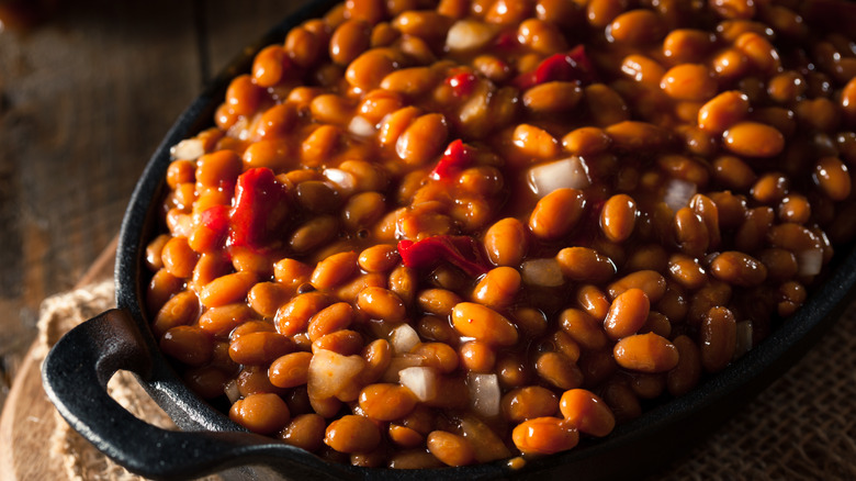 Baked beans in cast iron skillet