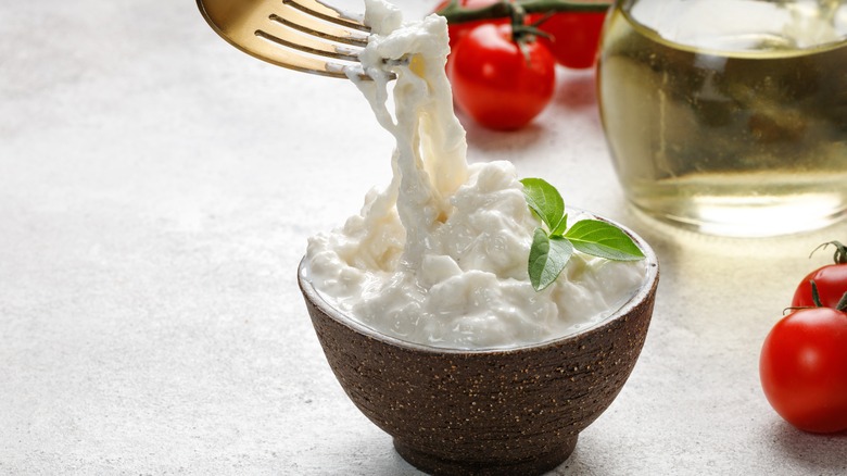 Stracciatella cheese in bowl