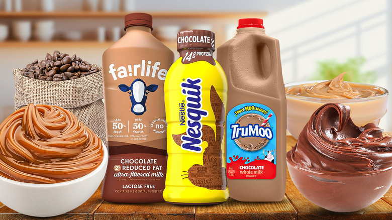 Store-bought chocolate milk cartons with various add-ins