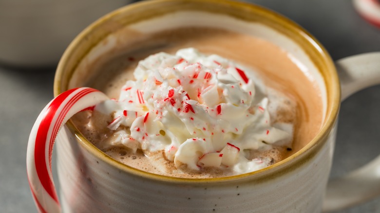 Mug of peppermint hot chocolate with whipped cream and peppermint candies