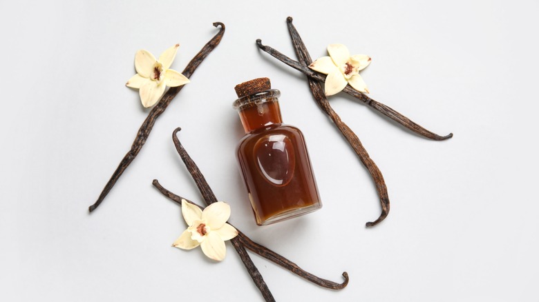 Bottle of vanilla extract with vanilla pods and flowers