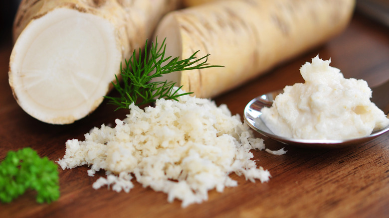 Grated horseradish on spoon