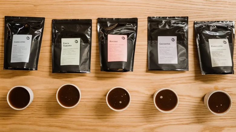 coffee bags with tasting cups