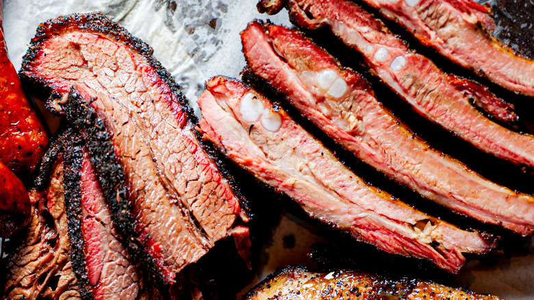 Brisket and ribs with visible smoke ring