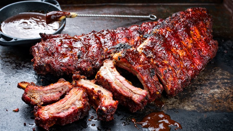 Racks of barbecue spare ribs