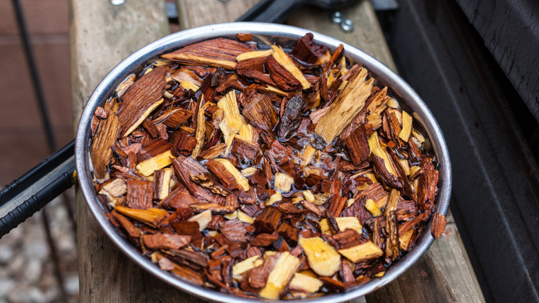 Wood chips soaking in bowl