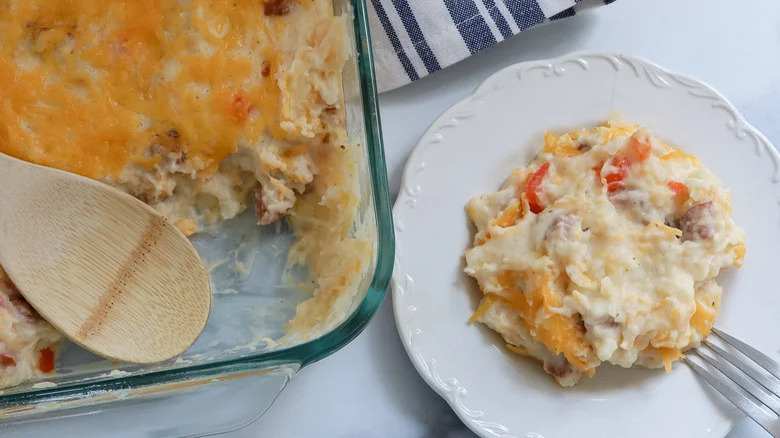 Dish and plate of potato casserole