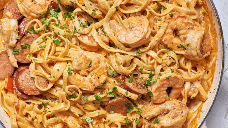 Pot of Cajun shrimp pasta