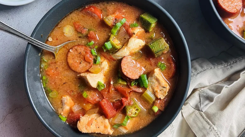 Bowl of gumbo with spoon