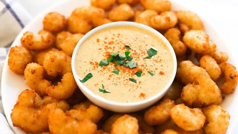 Bowl of remoulade with fried shrimp