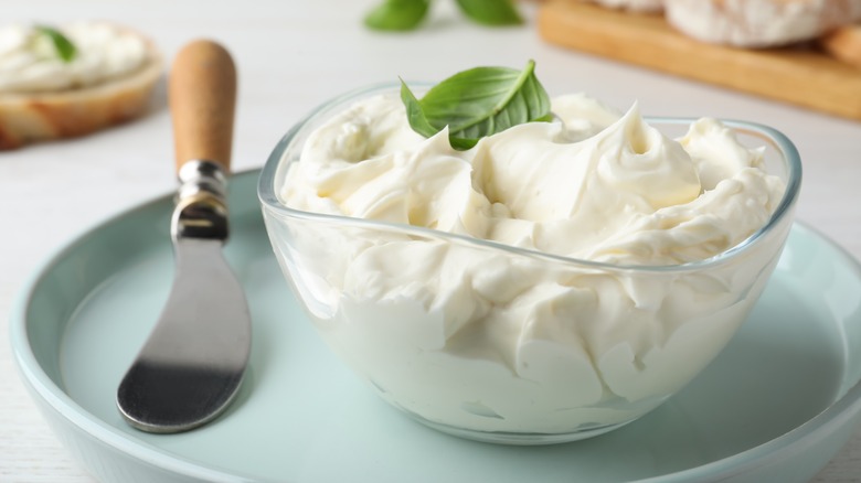 Cream cheese in clear bowl