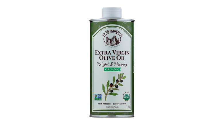 La Tourangelle olive oil on white background