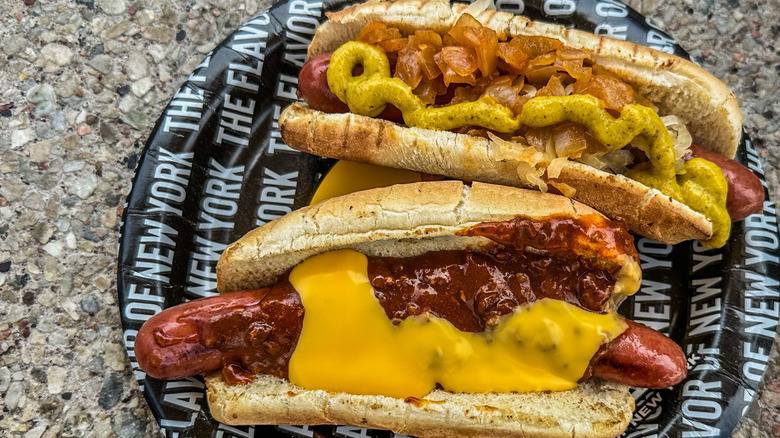 hot dog with pickles and fried onions