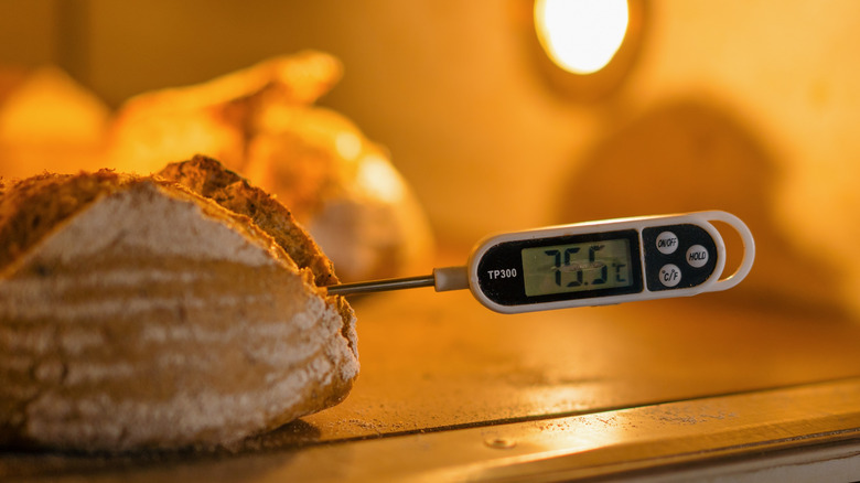 Thermometer sticking out of loaf of bread.