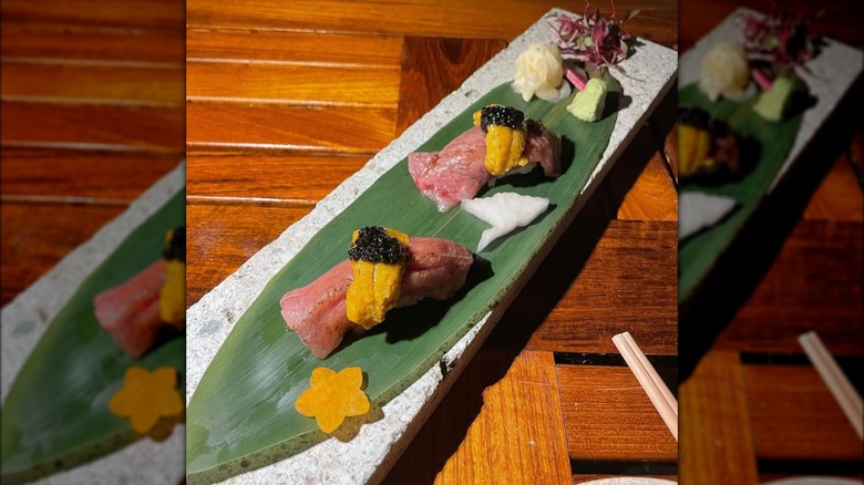 Wagyu nigiri green plate