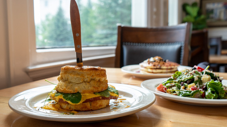 Brunch spread with biscuits and pancakes