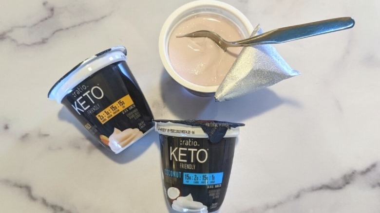 Three containers of Ratio yogurt