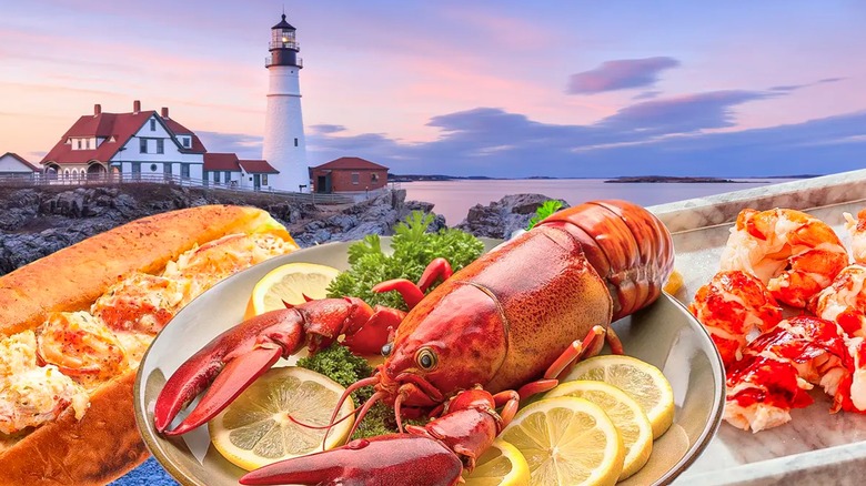 Lobster dishes displayed before typical Maine scenery