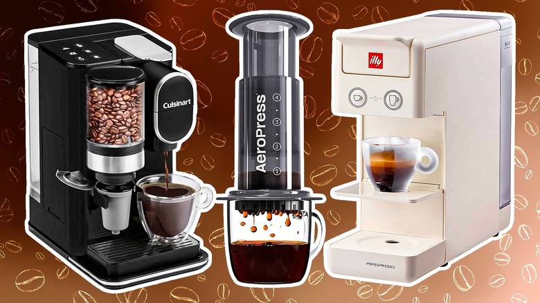 A selection of single serve coffee makers from Cuisinart, Aeropress, and Illy