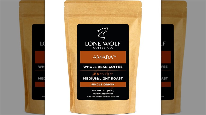 Bag of Lone Wolf Amara single origin coffee on white background