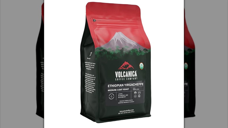 Bag of Volcanica Ethiopian Yirgacheffe Coffee on white background