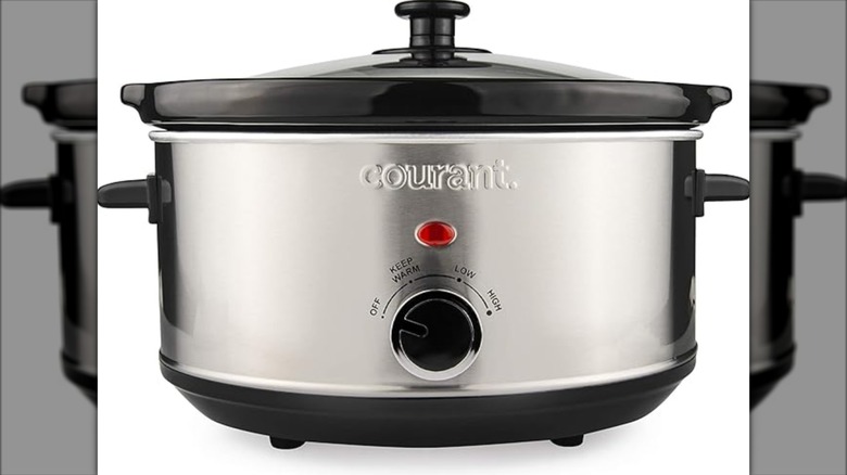 silver, medium-sized Courant slow cooker on white background