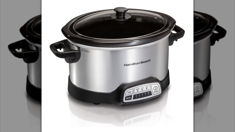 medium-sized, silver Hamilton Beach slow cooker on white background